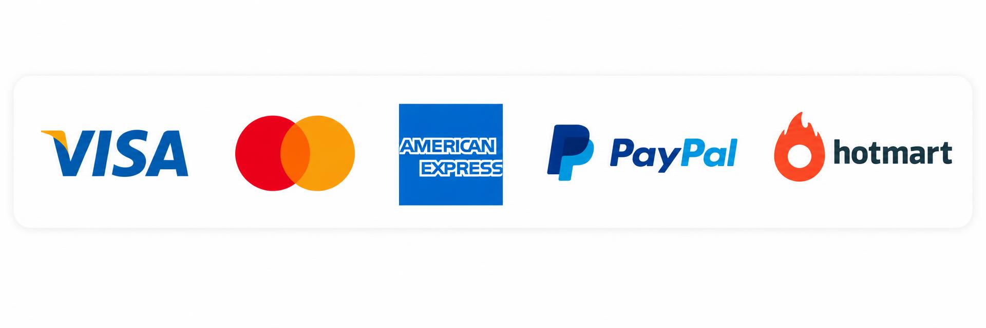 Métodos de pago: Visa, Mastercard, American Express, PayPal y Hotmart
